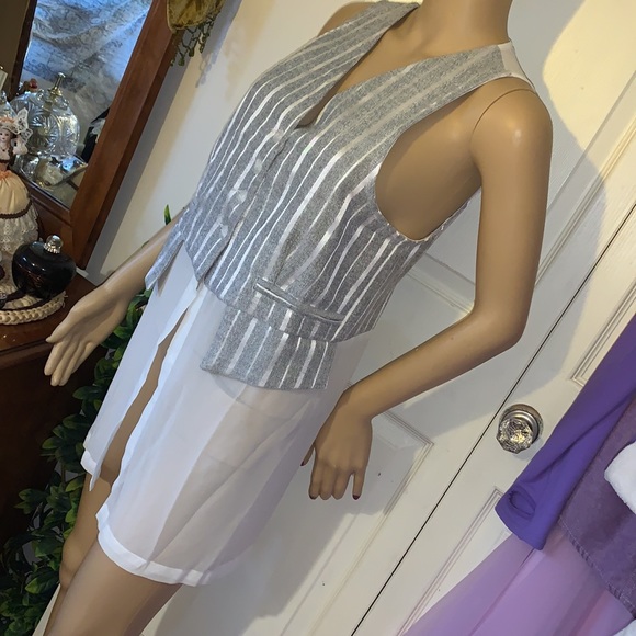 Vtg 90s y2k sleeveless grey white stripe sheer chiffon vest tunic top M - Picture 13 of 16